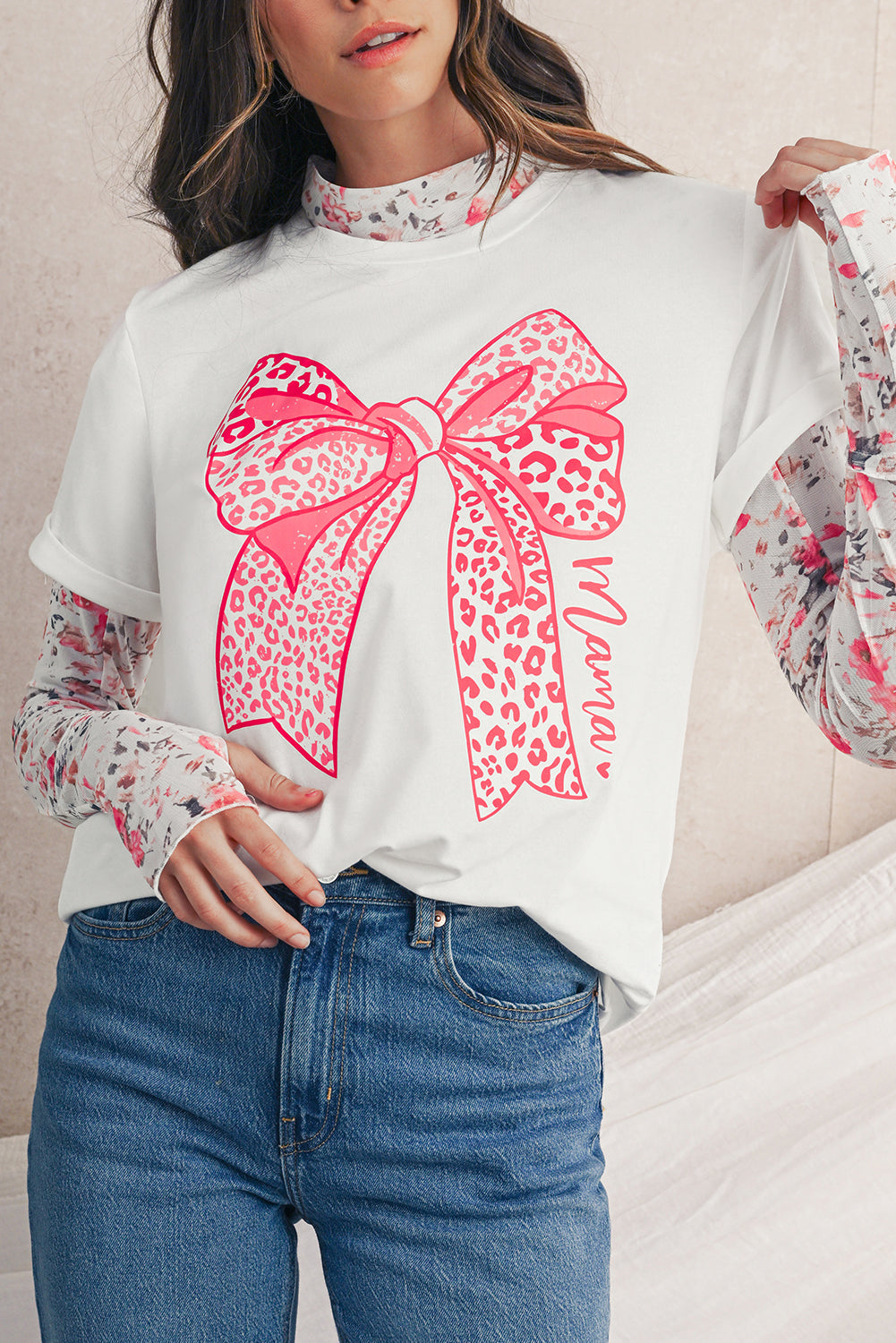 White Leopard Bowknot Graphic Crew Neck Tee | Soft Cotton Blend