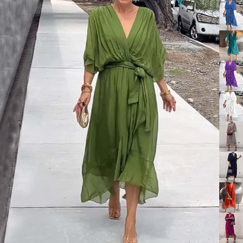 Batwing Sleeve V-Neck Fairy Dress Mid-Length Summer Casual Dress
