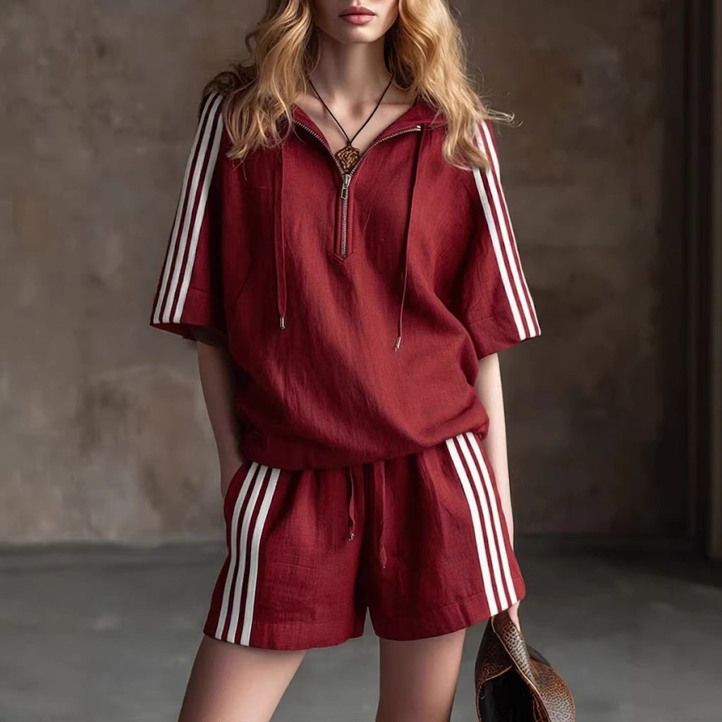 Women's Two-Piece Sportswear Set with Half-Zip Top and Shorts - Image 6