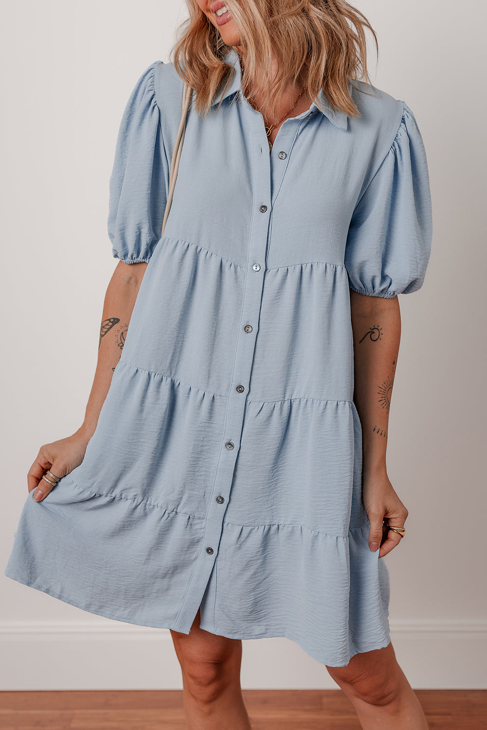 Beau Blue Shirt Collar Button Up Puff Sleeve Tiered Shift Dress