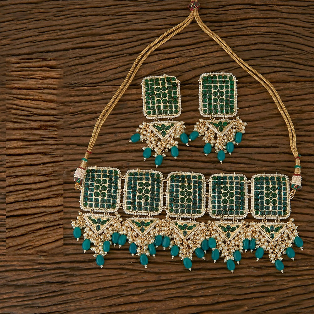 Kundan pearl and green onyx necklace set with golden finish for ethnic festive wear