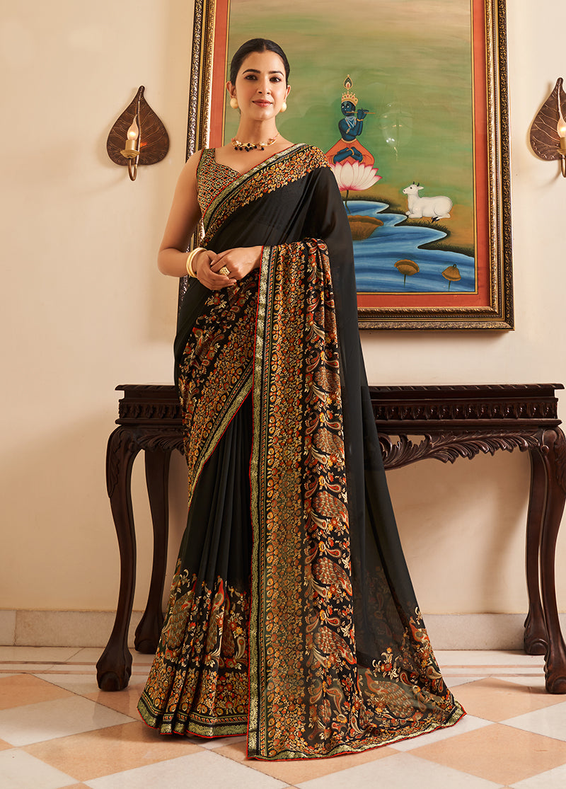 Black georgette designer saree with detailed paisley print, perfect for modern ethnic styling.