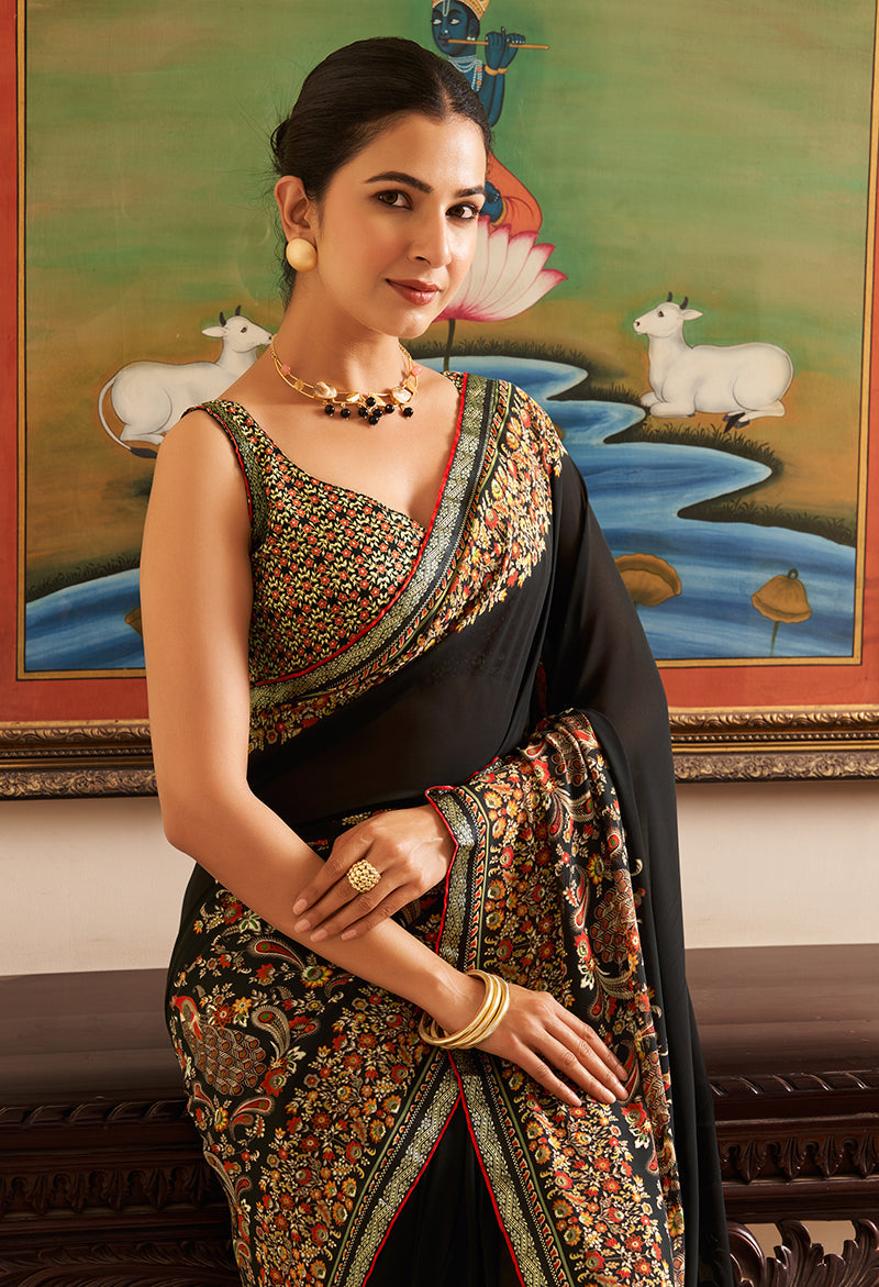 Black Paisley Print Georgette Designer Saree for Elegance