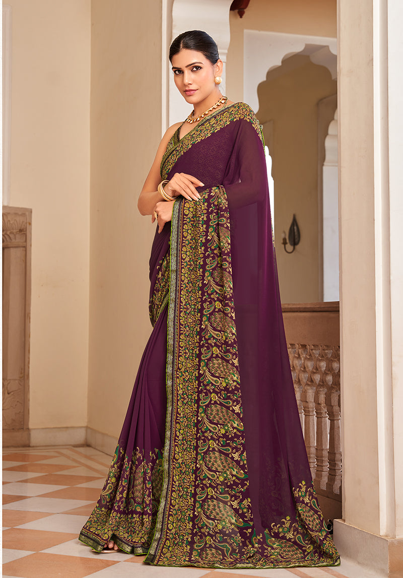 Stylish purple georgette saree featuring a classic paisley print design.