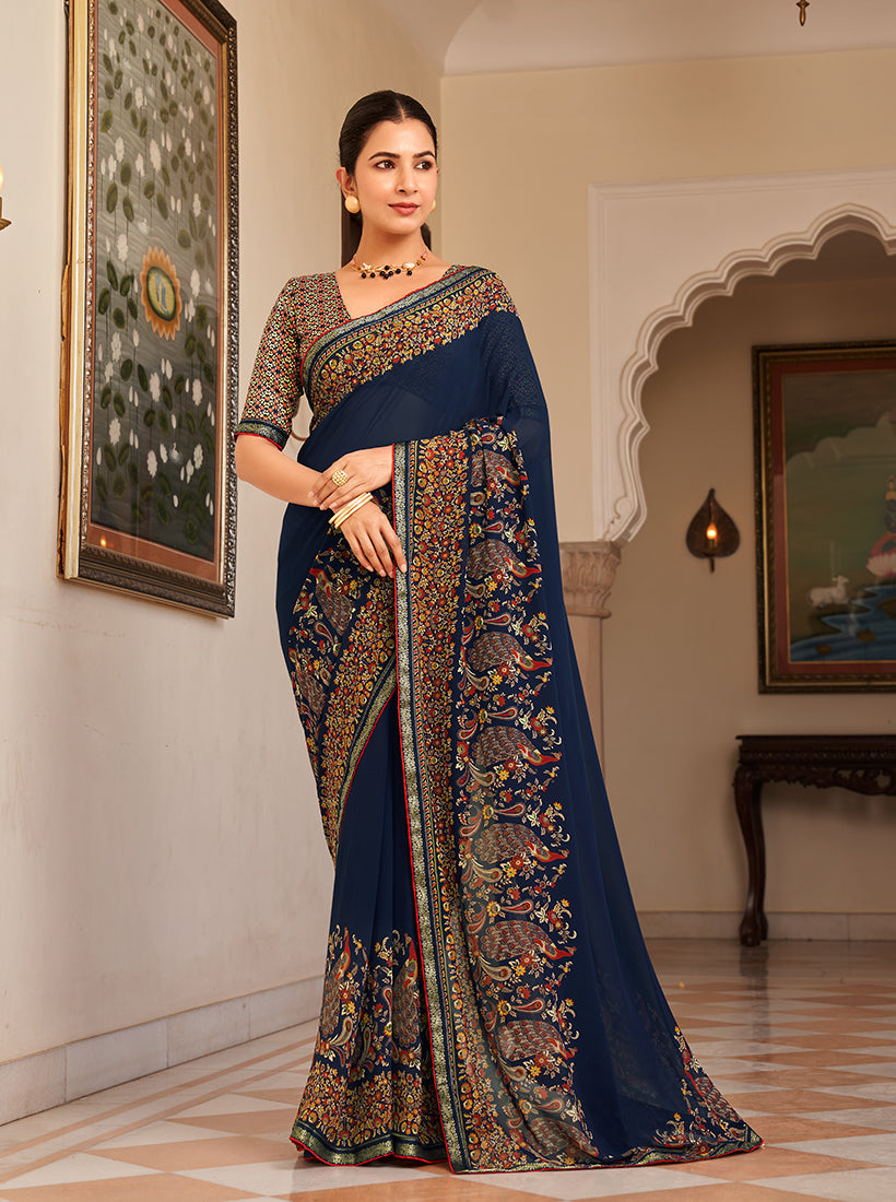 Navy blue georgette saree featuring an elegant paisley print for formal occasions
