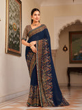 Navy blue georgette saree featuring an elegant paisley print for formal occasions