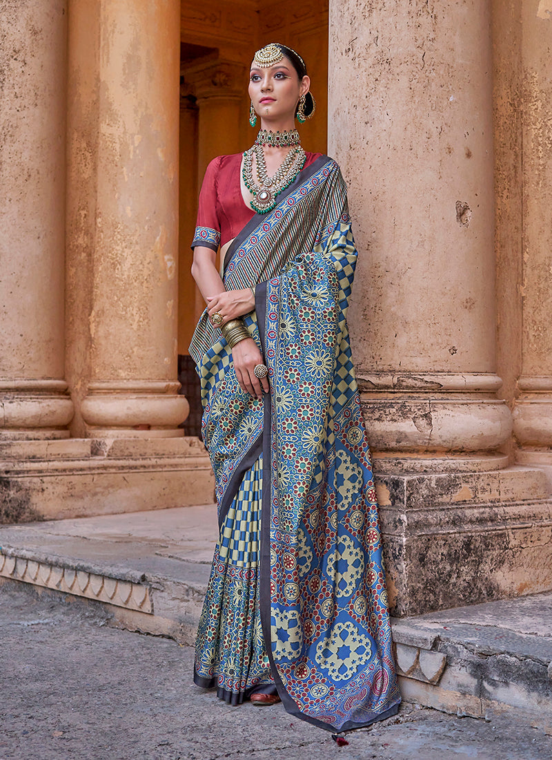 Blue silk blend saree with traditional paisley print design