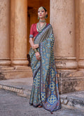 Blue silk blend saree with traditional paisley print design