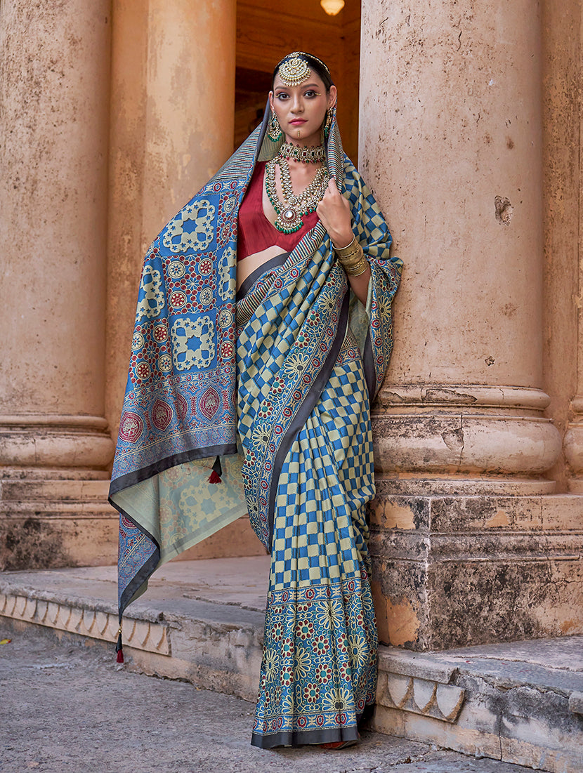 Blue Silk Blend Saree with Paisley Print