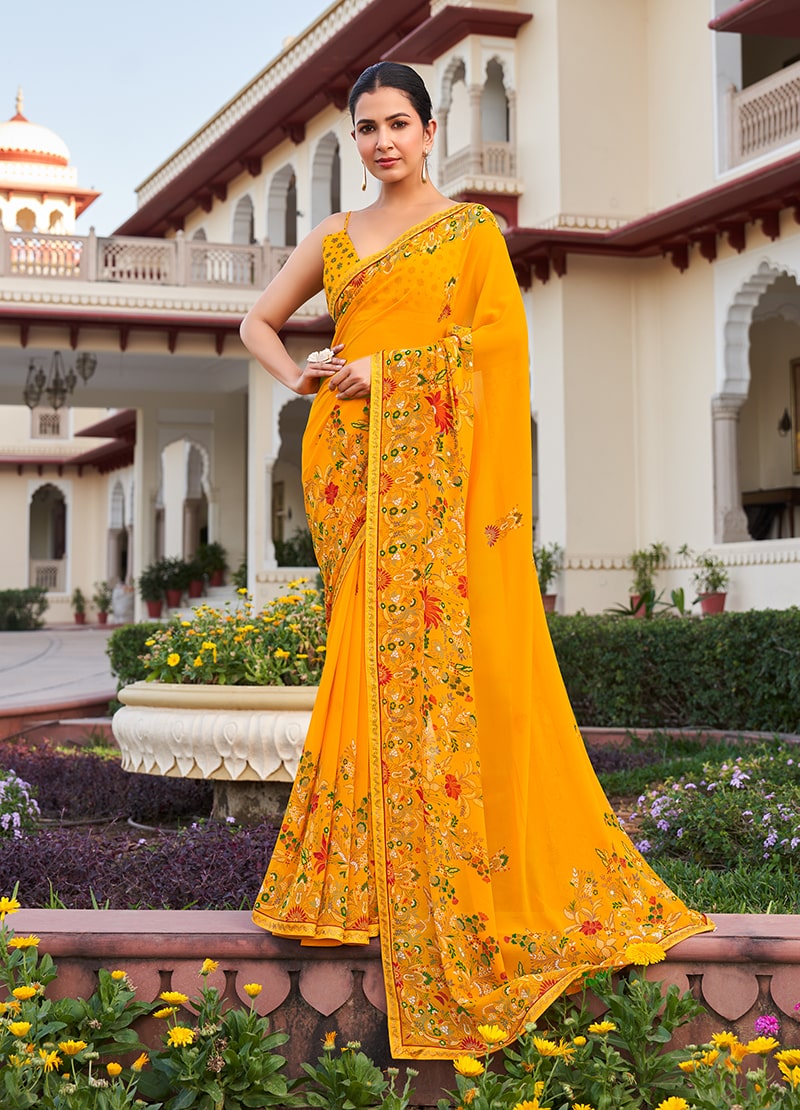Vibrant yellow georgette contemporary printed saree for women