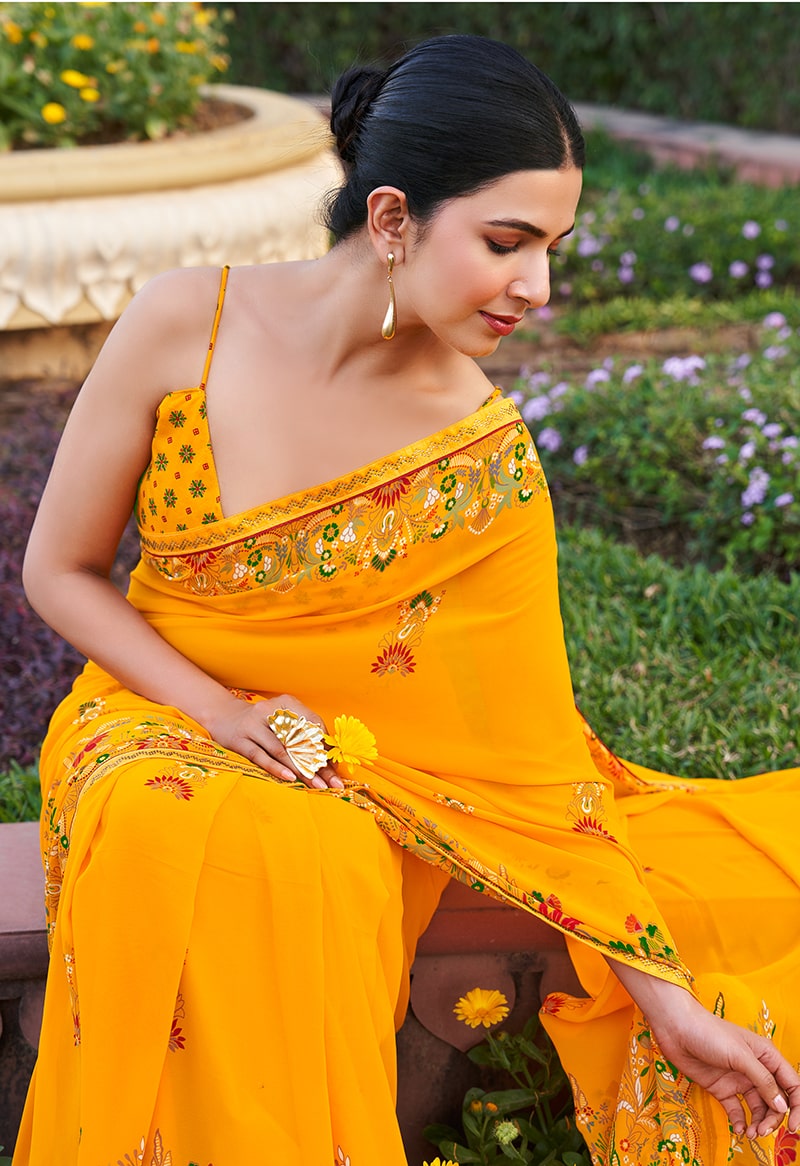Yellow Georgette Printed Contemporary Saree for Women
