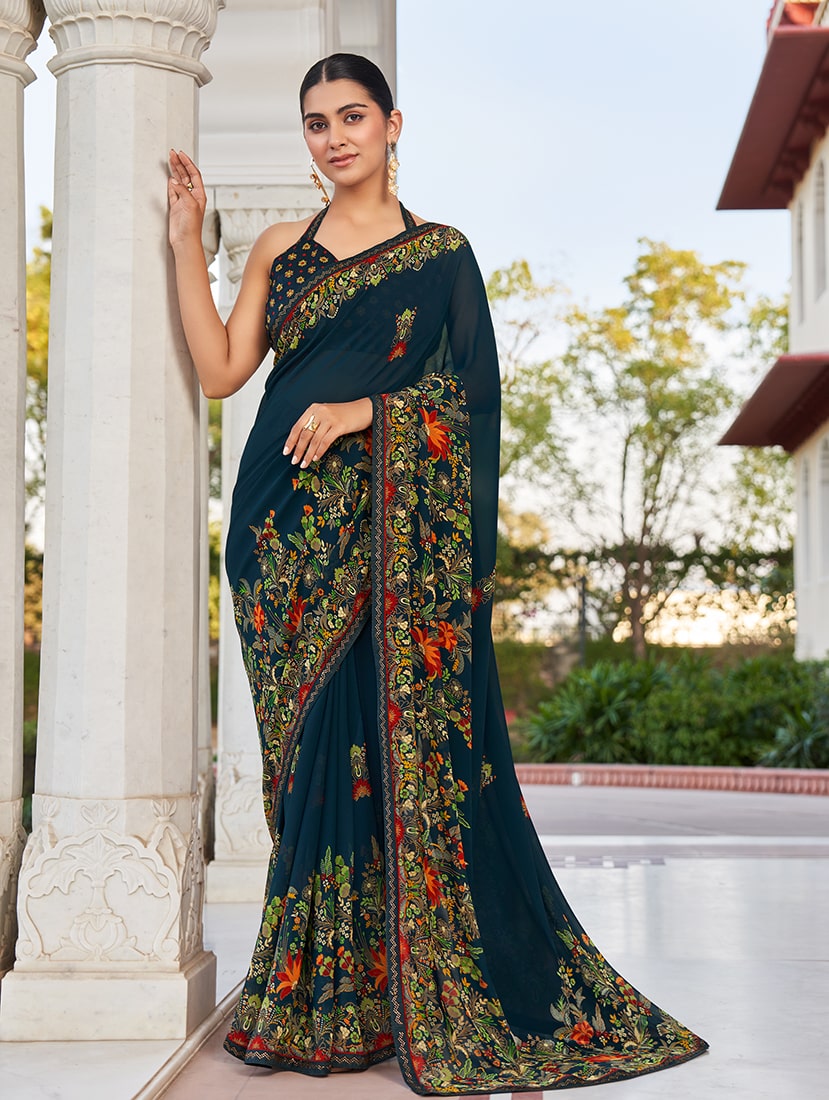 Navy blue georgette saree with contemporary print pattern