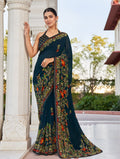 Navy blue georgette saree with contemporary print pattern