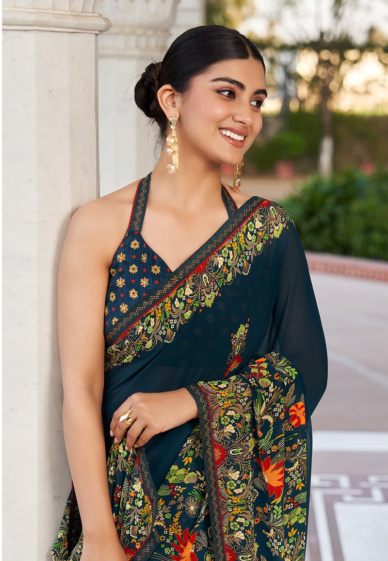 Navy Blue Printed Georgette Contemporary Saree for Women