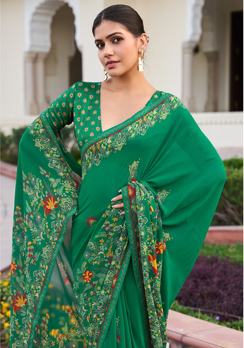 Green contemporary georgette saree with elegant printed design