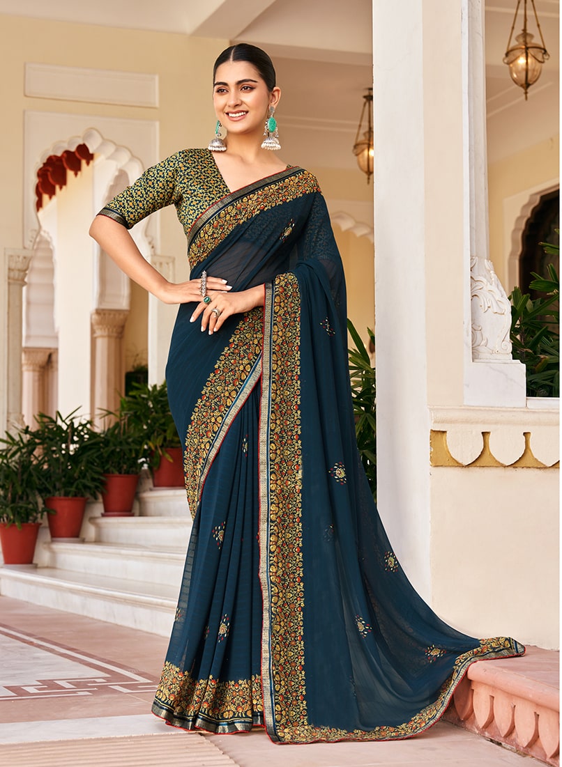 Navy blue georgette printed designer saree with elegant festival styling