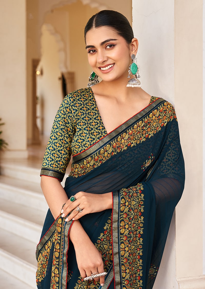 Navy Blue Georgette Printed Designer Saree for Festive Wear