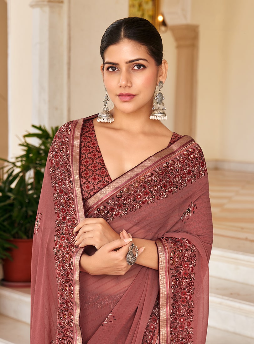 Rust Georgette Printed Festival Designer Saree