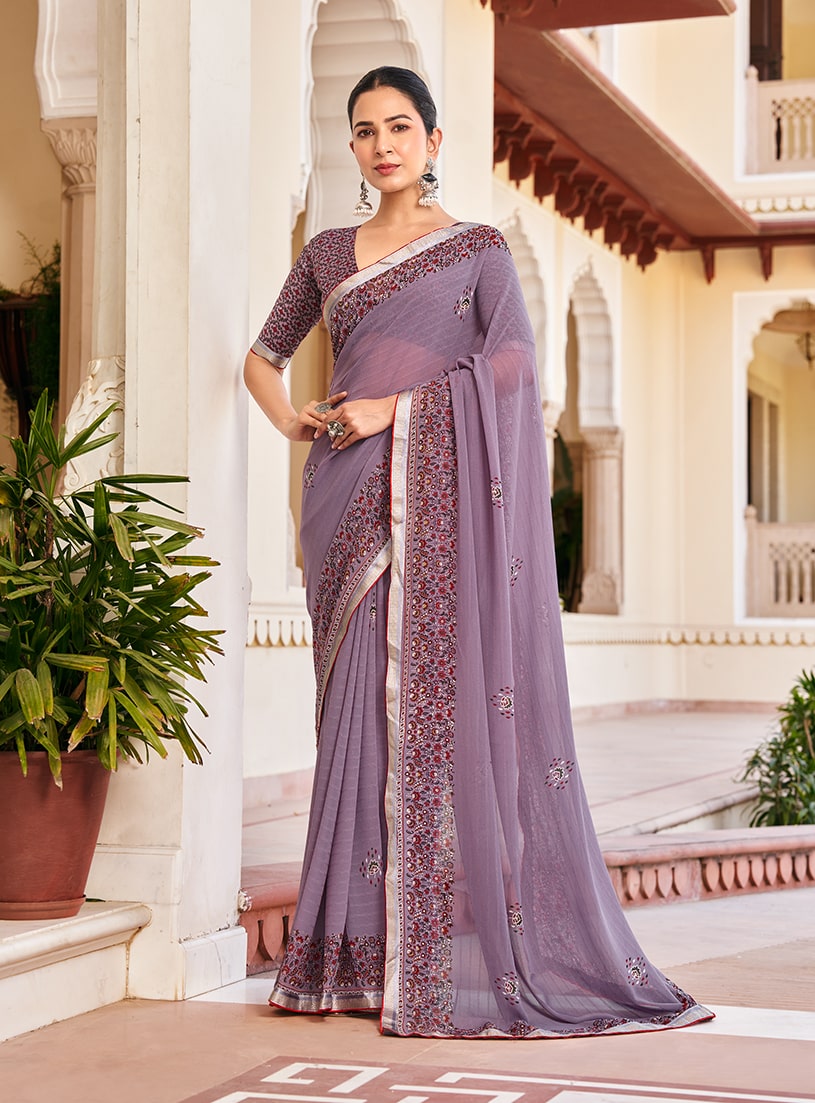 Lilac georgette printed saree with designer festive aesthetic