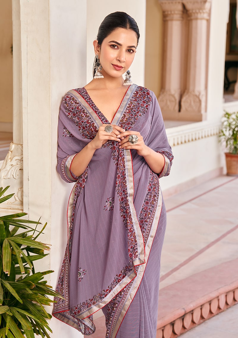 Lilac Georgette Printed Festival Designer Trendy Saree