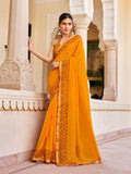 Orange georgette saree with vibrant artistic print for festive occasions