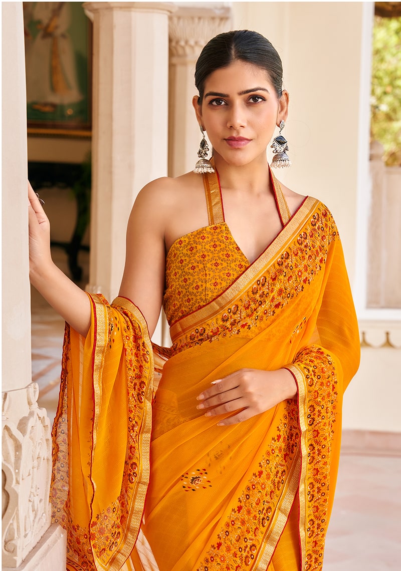 Orange Georgette Printed Saree for Festival and Festive Wear
