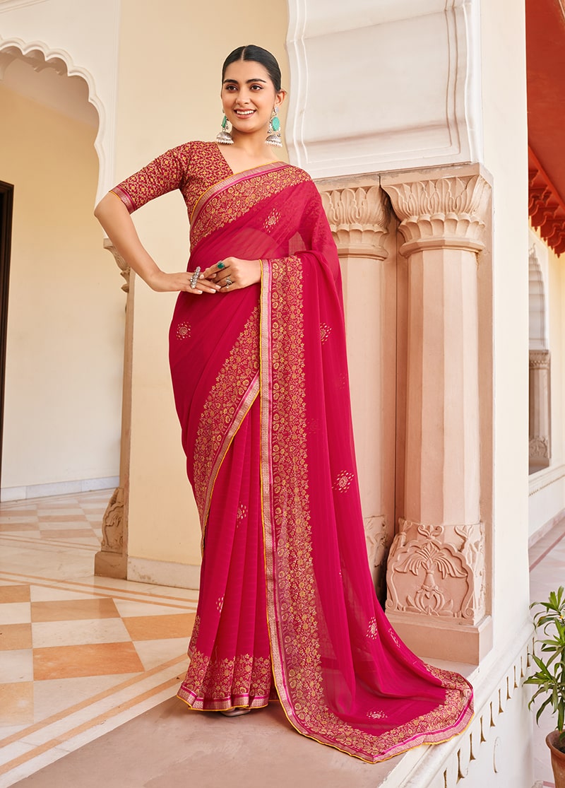 Rani pink georgette printed designer saree for festival occasions