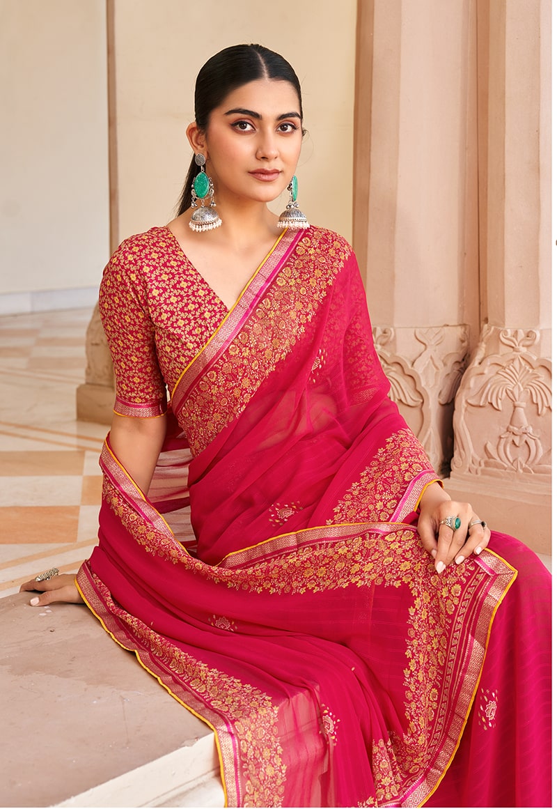 Rani Pink Georgette Printed Festival Designer Trendy Saree