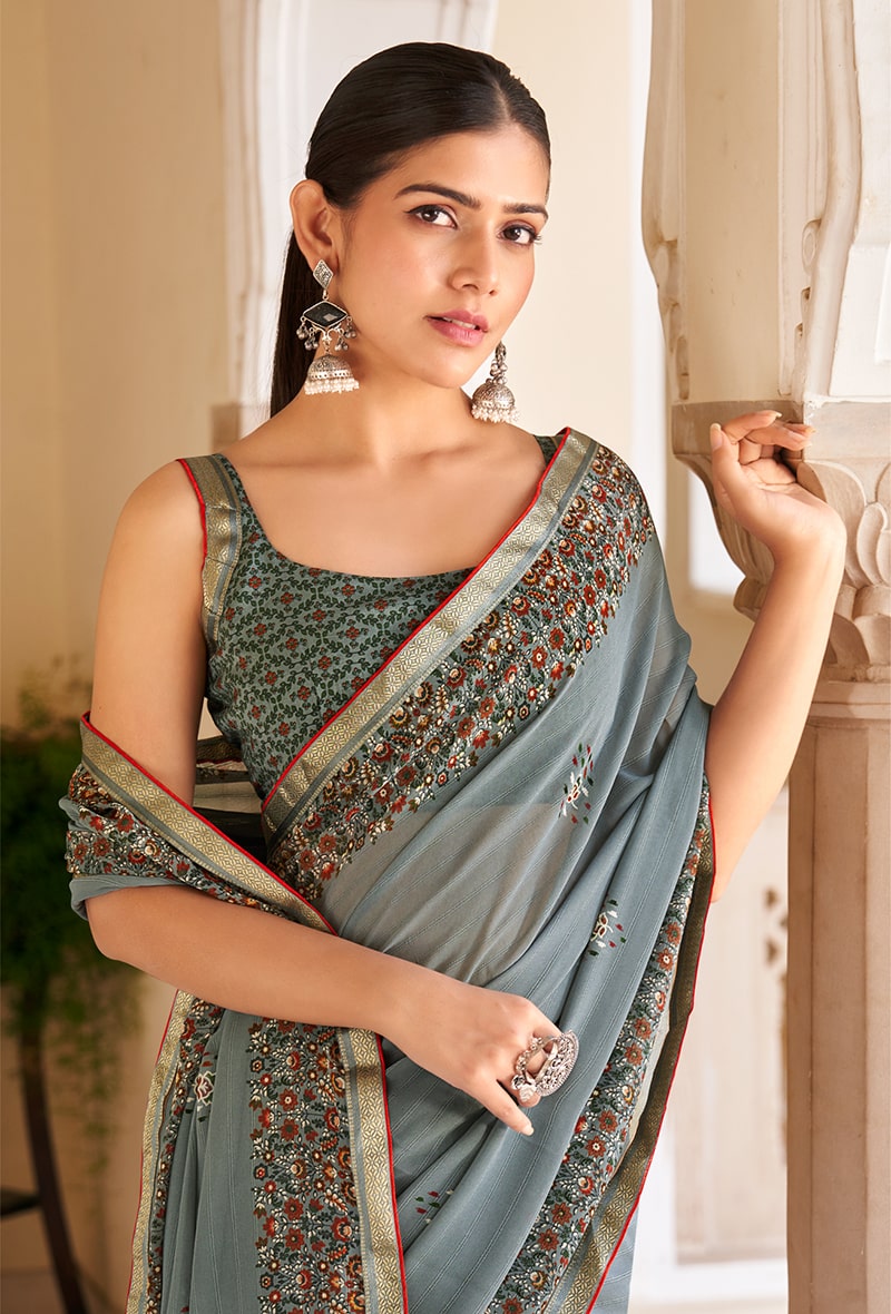 Grey Georgette Printed Festival Designer Trendy Saree