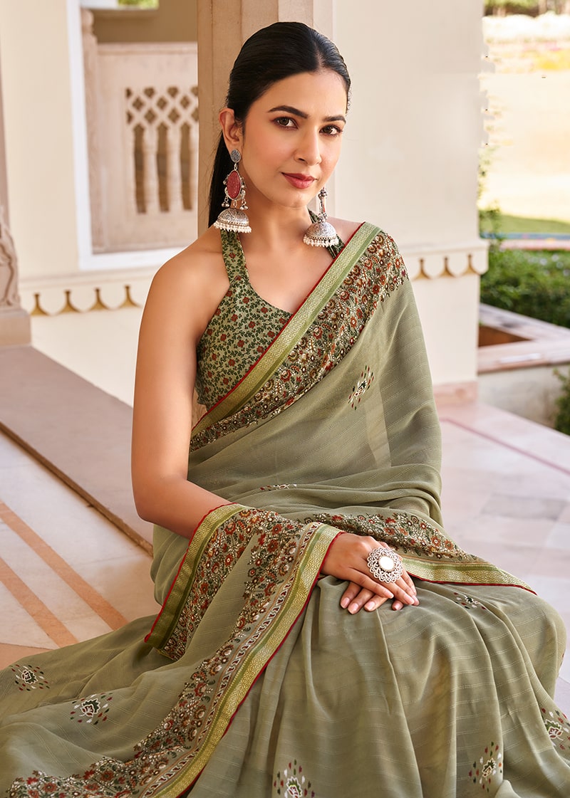 Monjolika Fashion Sage Green Georgette Printed Festival Desginer Trendy Saree