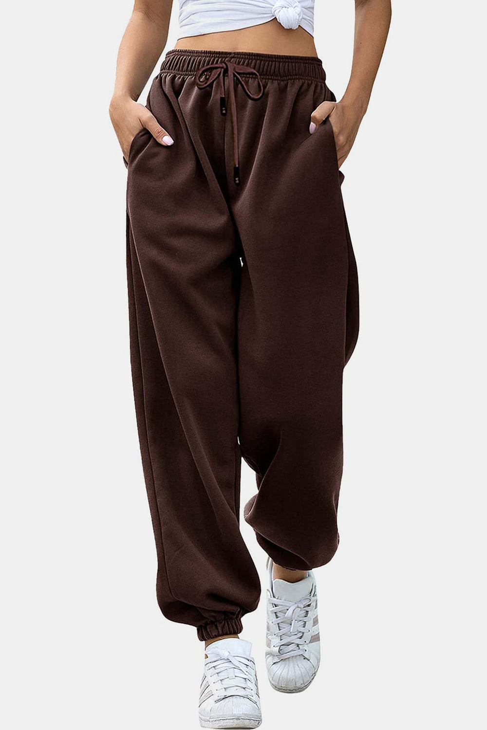 Women's Black Elastic Waist Jogger Pants with Side Pockets - Image 23