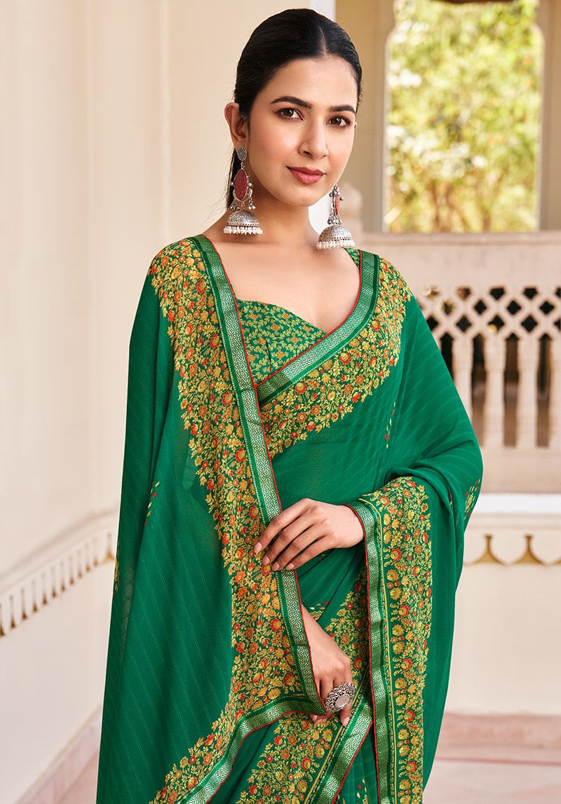 Green Georgette Printed Festival Designer Saree