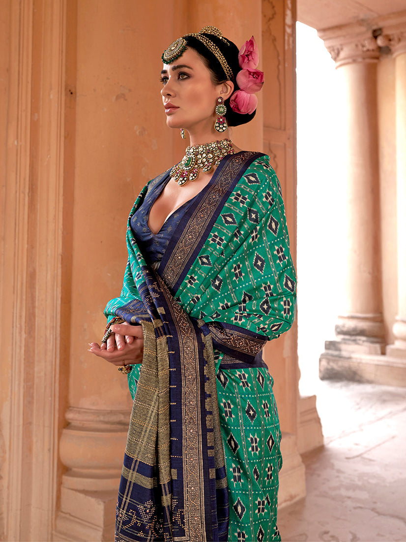 Turquoise Silk Blend Patola Print Classic Saree