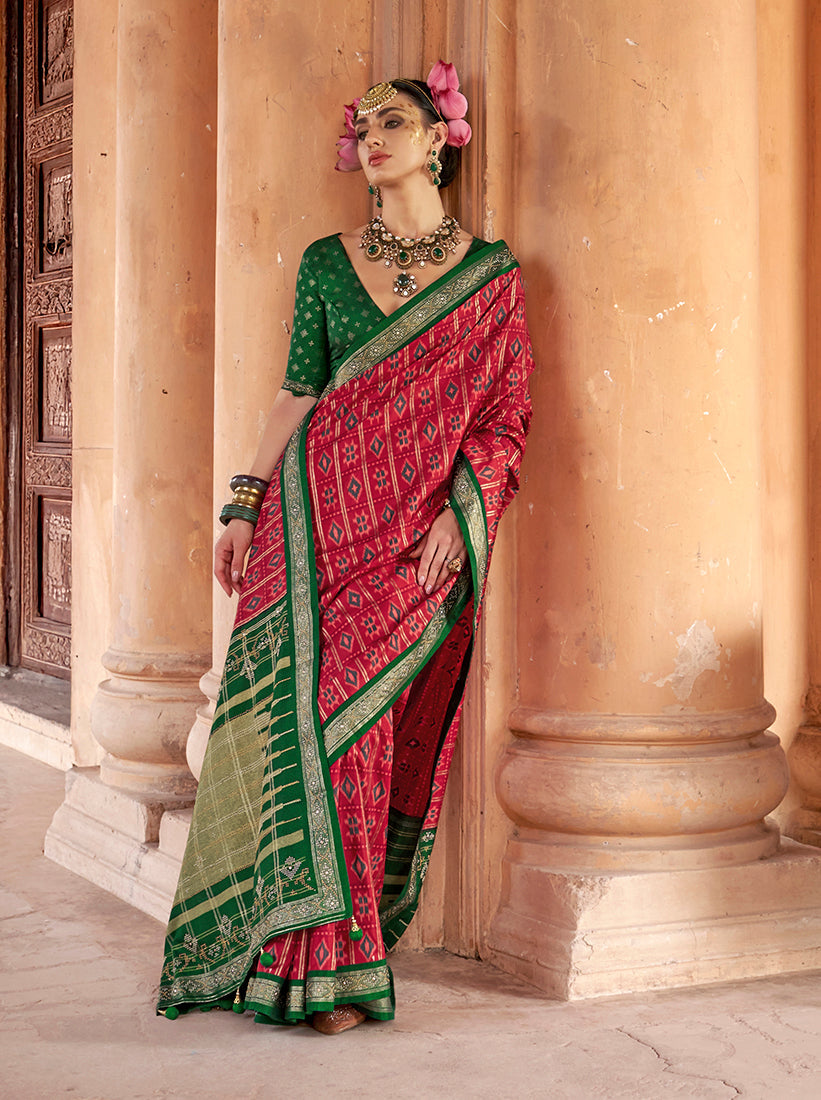 Elegant Rani Pink silk blend saree with traditional Patola print