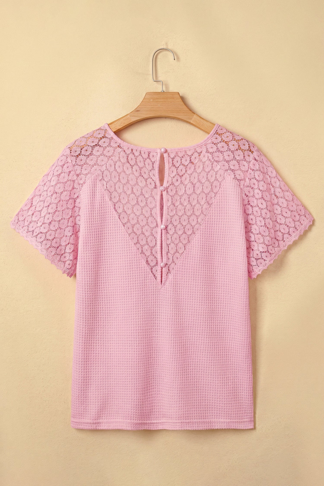 Lace Patchwork Buttoned Cutout Waffle Knit Blouse