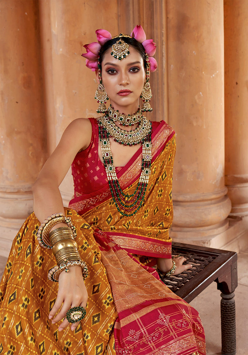 Monjolika Fashion Mustard Silk Blend Patola Print Classic Saree