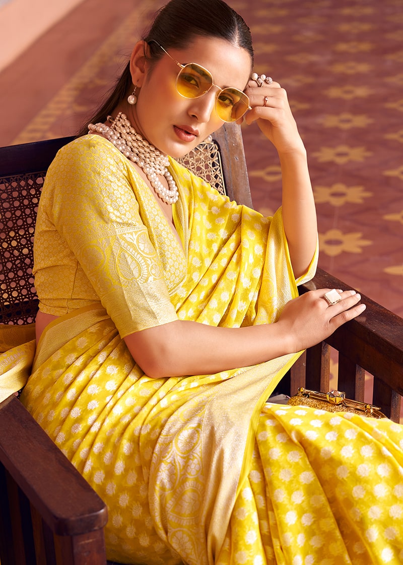 Yellow Georgette Weaving Work Contemporary Party Saree