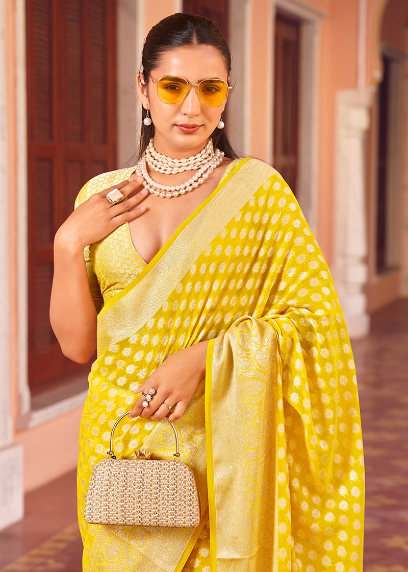 Yellow Georgette Weaving Work Contemporary Party Saree