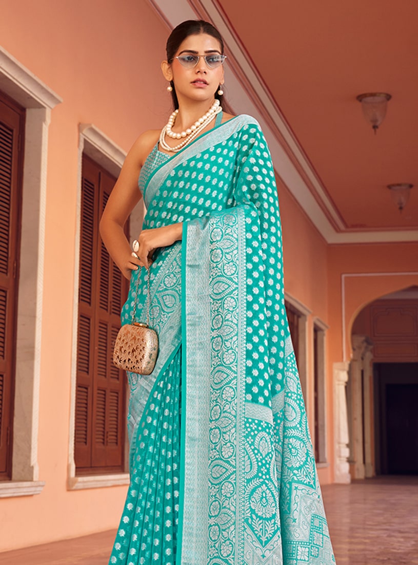Monjolika Fashion Turquoise Weaving Georgette Party Contemporary Saree