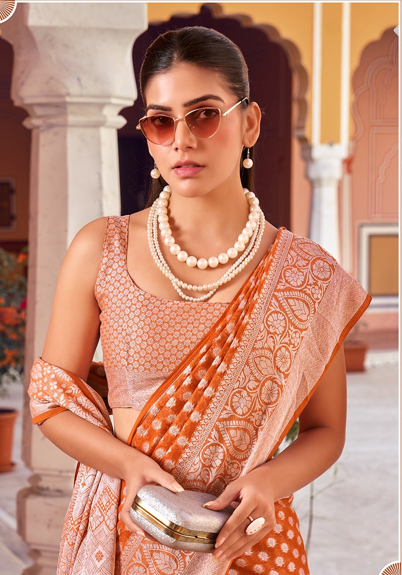 Orange and Rust Georgette Contemporary Saree with Weaving