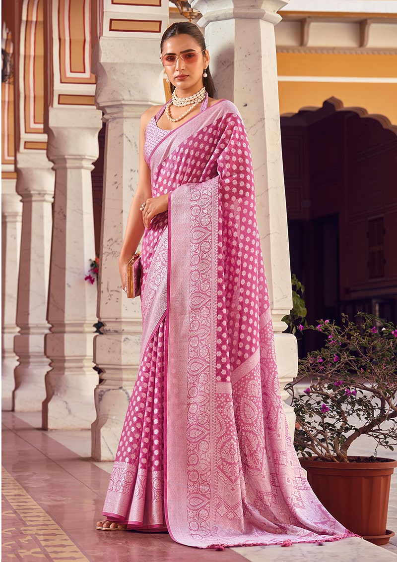Hot Pink contemporary georgette saree with ethnic weaving details