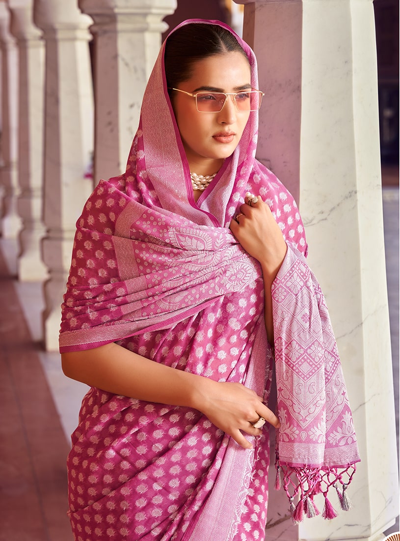 Hot Pink Georgette Saree with Ethnic Weaving Work