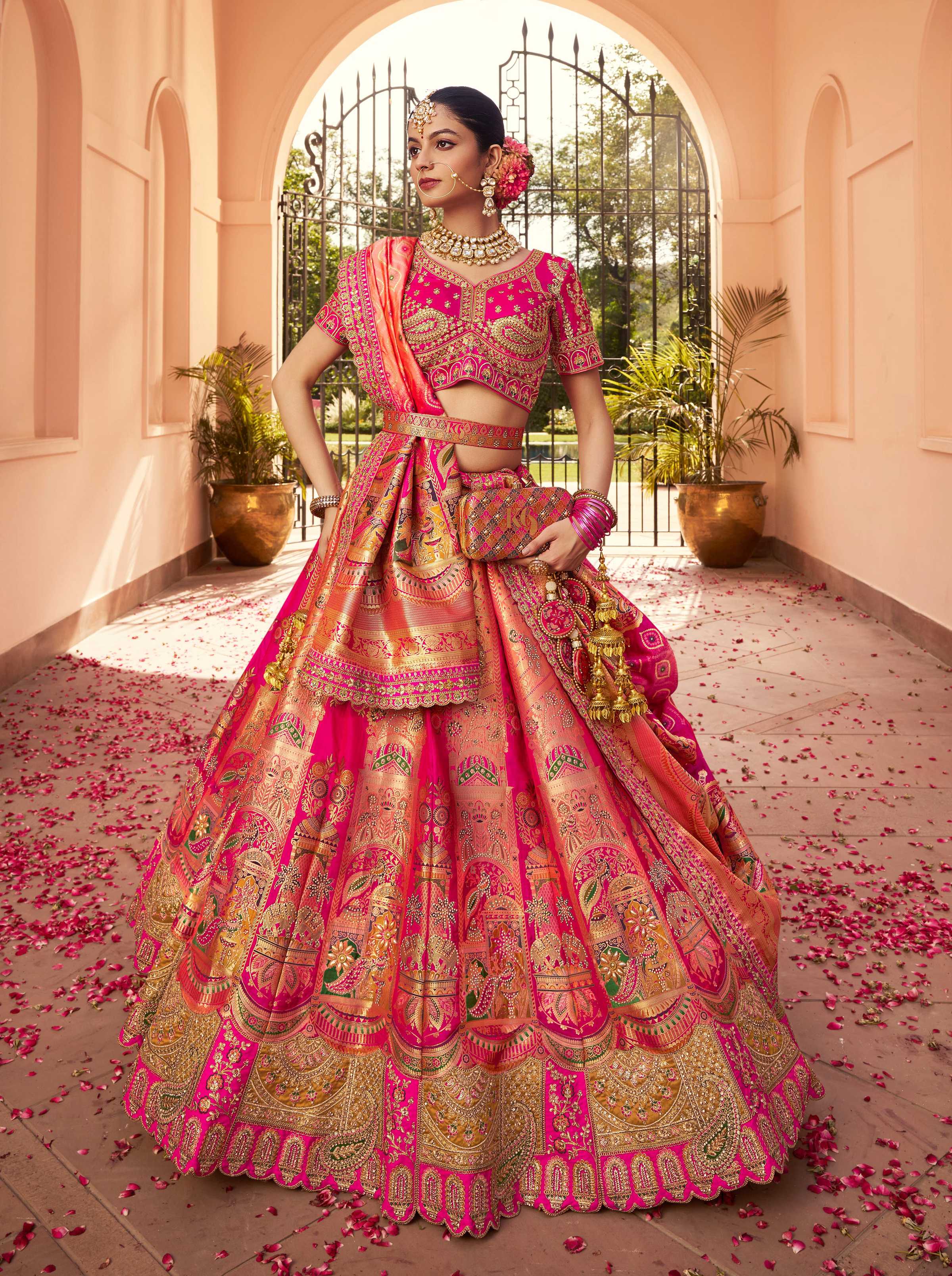 Rani pink Banarasi silk wedding lehenga choli with diamond pattern