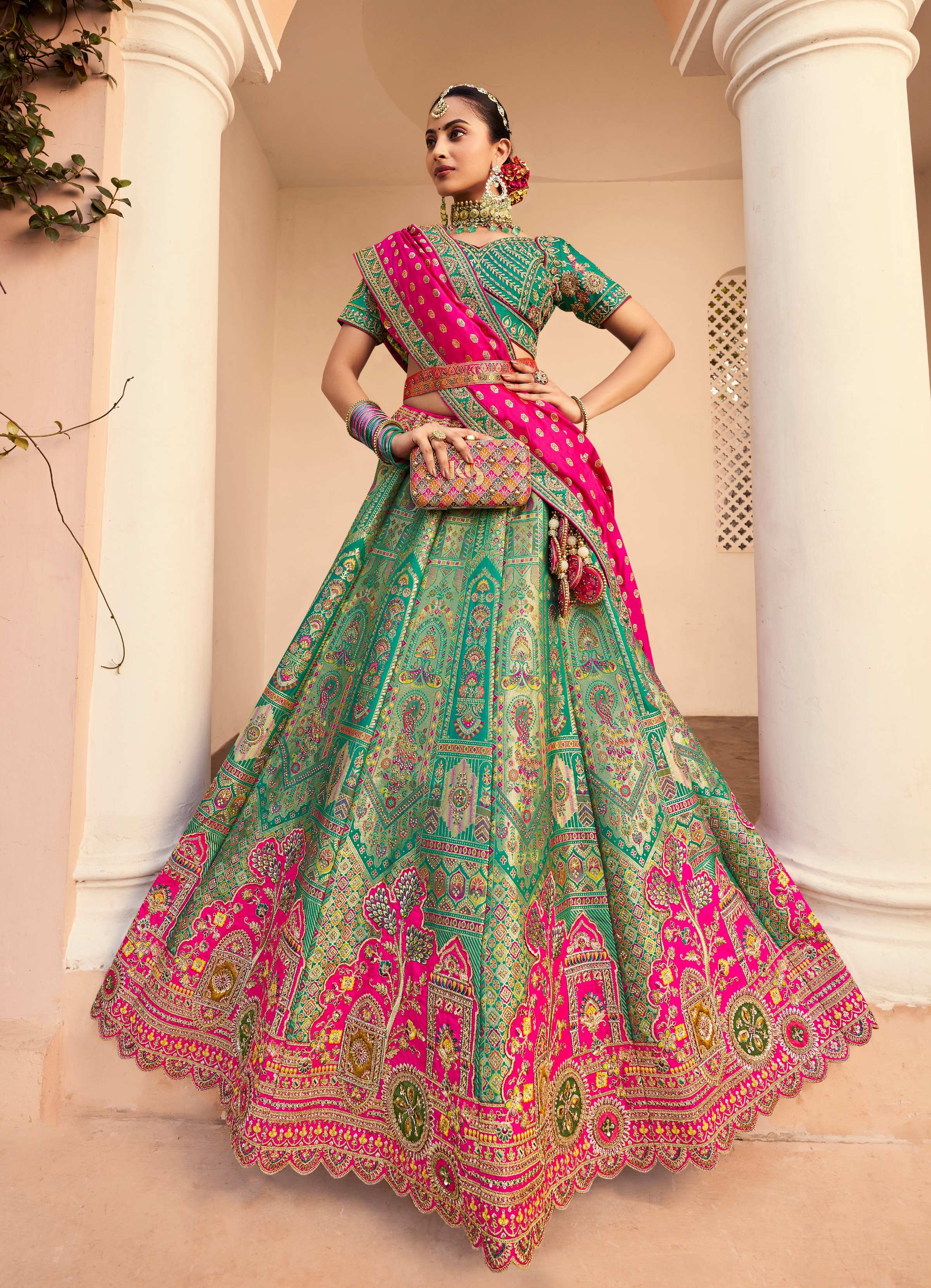 Turquoise Banarasi silk lehenga choli set with intricate diamond wedding detailing