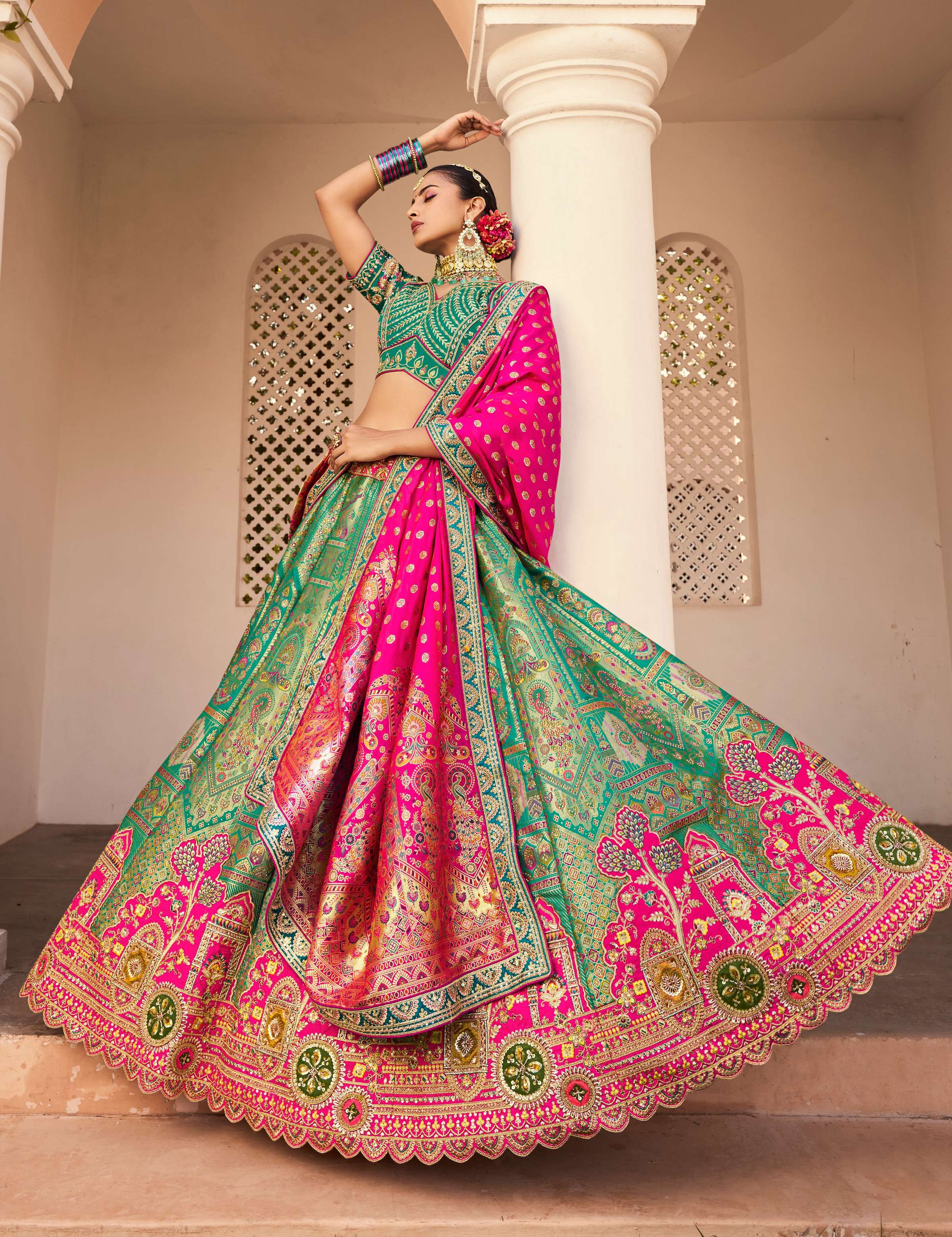 Turquoise Banarasi Silk Lehenga Choli Set for Wedding Celebration