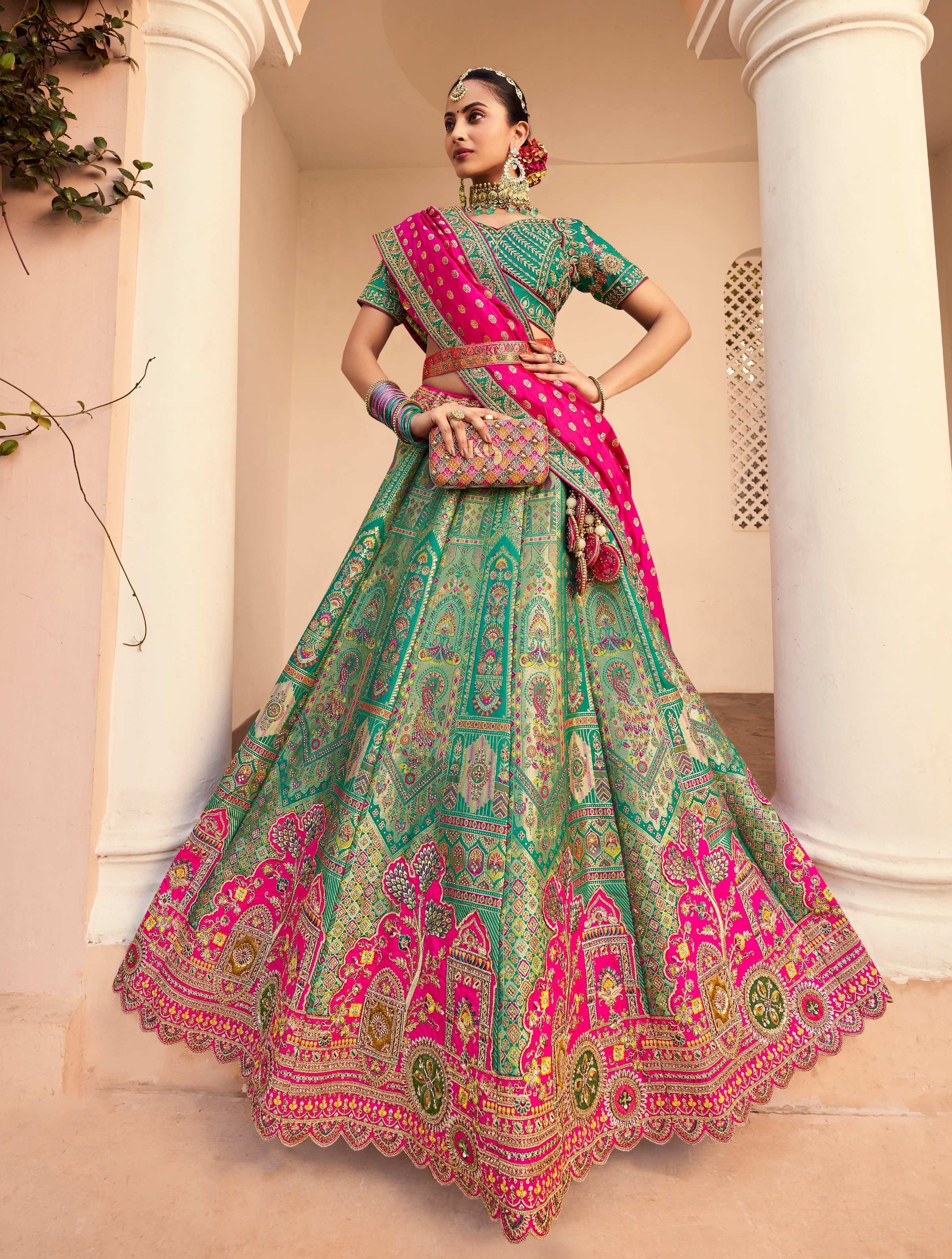 Turquoise Banarasi Silk Lehenga Choli Set for Wedding Celebration