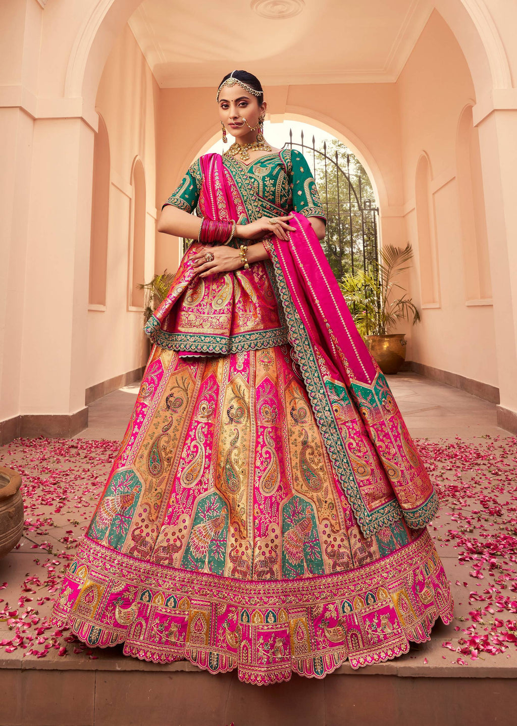 Multicolor Banarasi silk lehenga choli with traditional diamond motifs