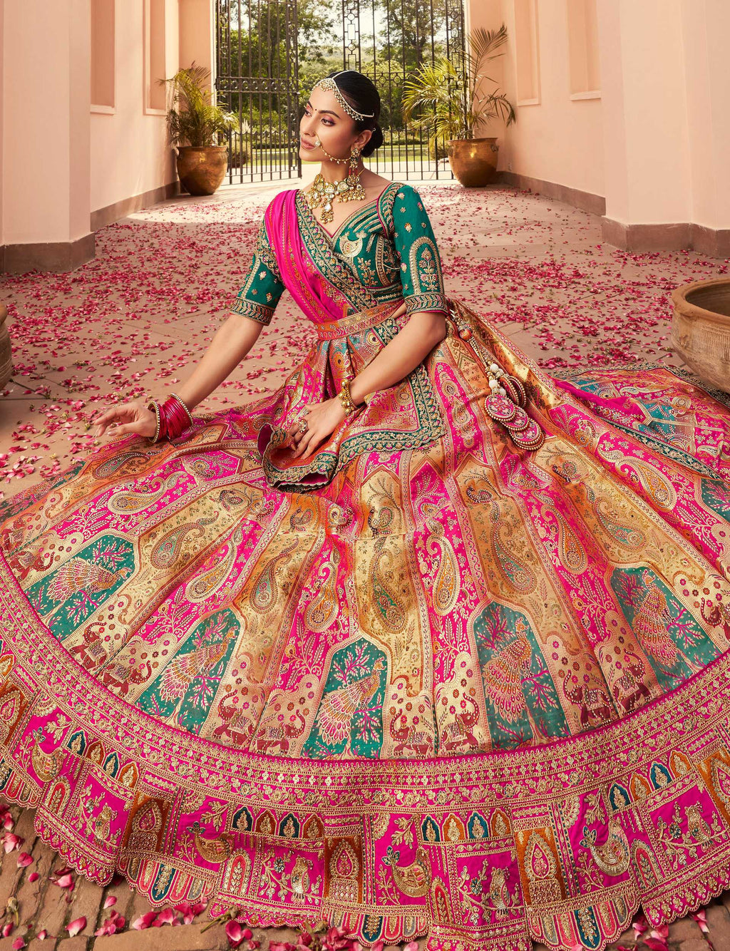 Multi Colour Banarasi Silk Diamond Wedding Lehenga Choli