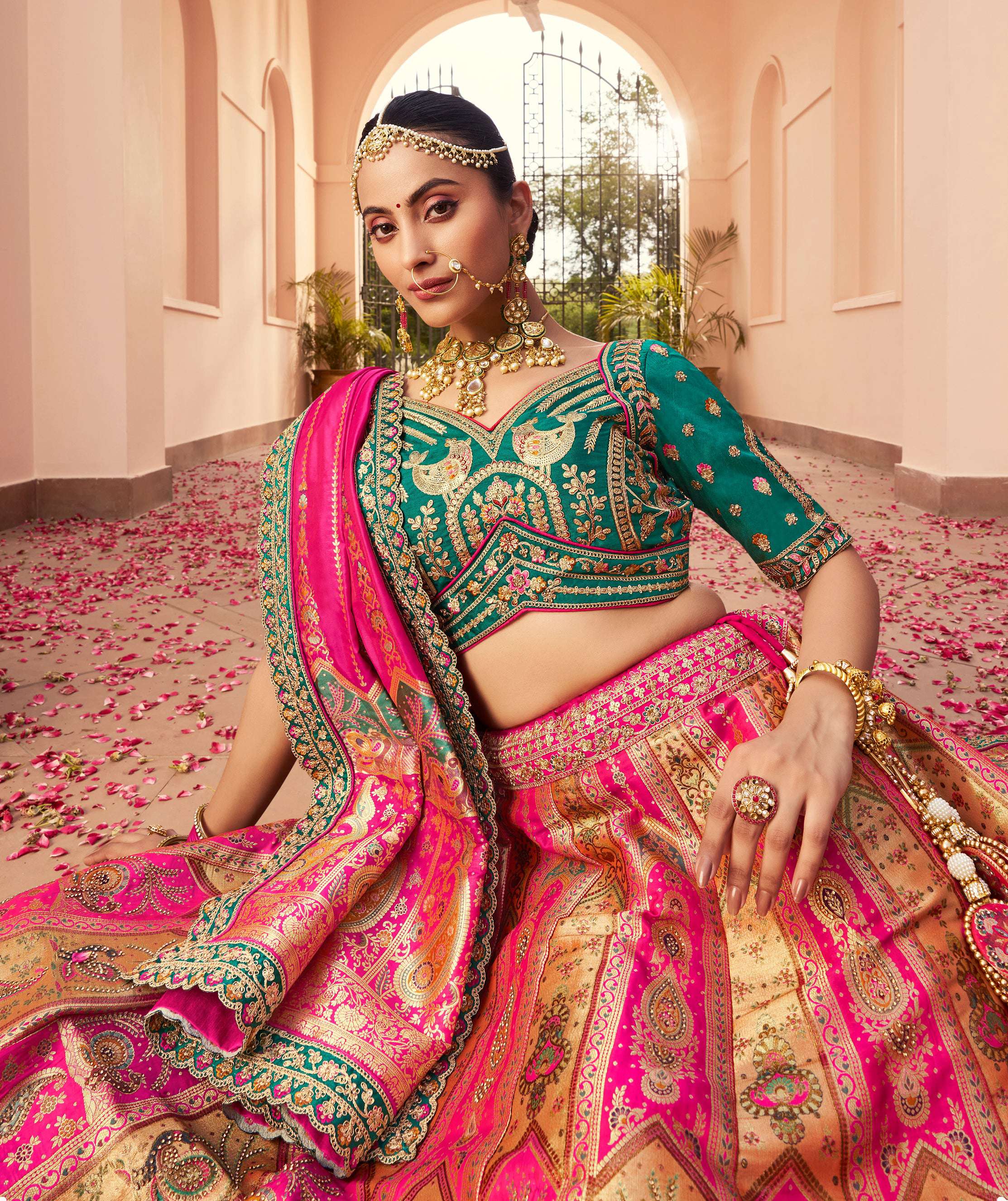 Multi Colour Banarasi Silk Diamond Wedding Lehenga Choli