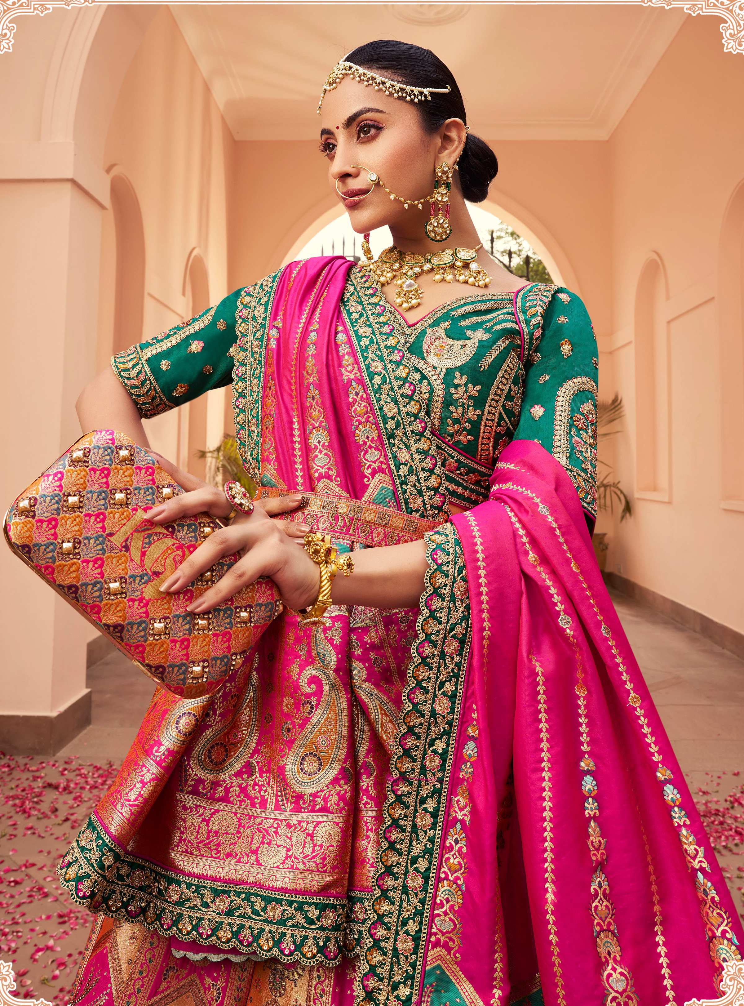 Multi Colour Banarasi Silk Diamond Wedding Lehenga Choli
